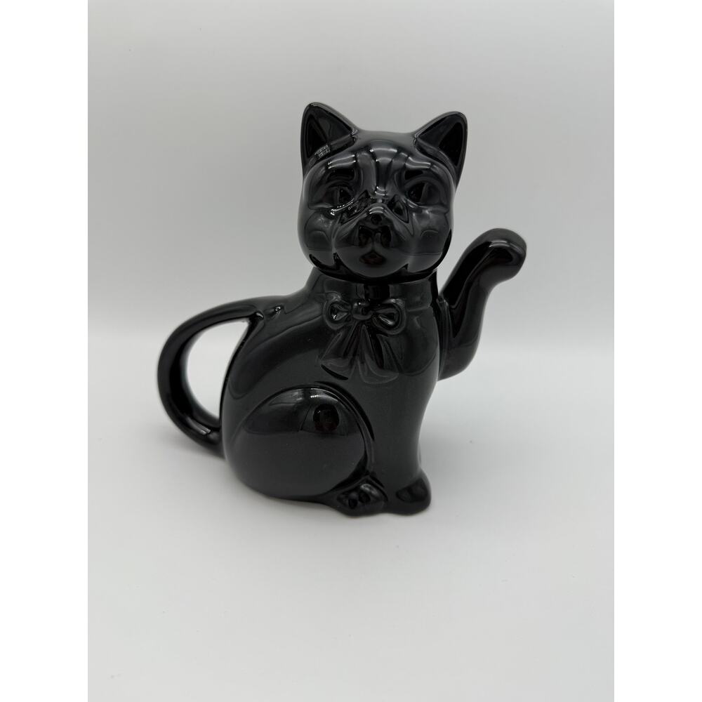 Vintage Albert Kessler Black Glossy Kitty Sitting Lucky Cat Small 7 Tall Teapot